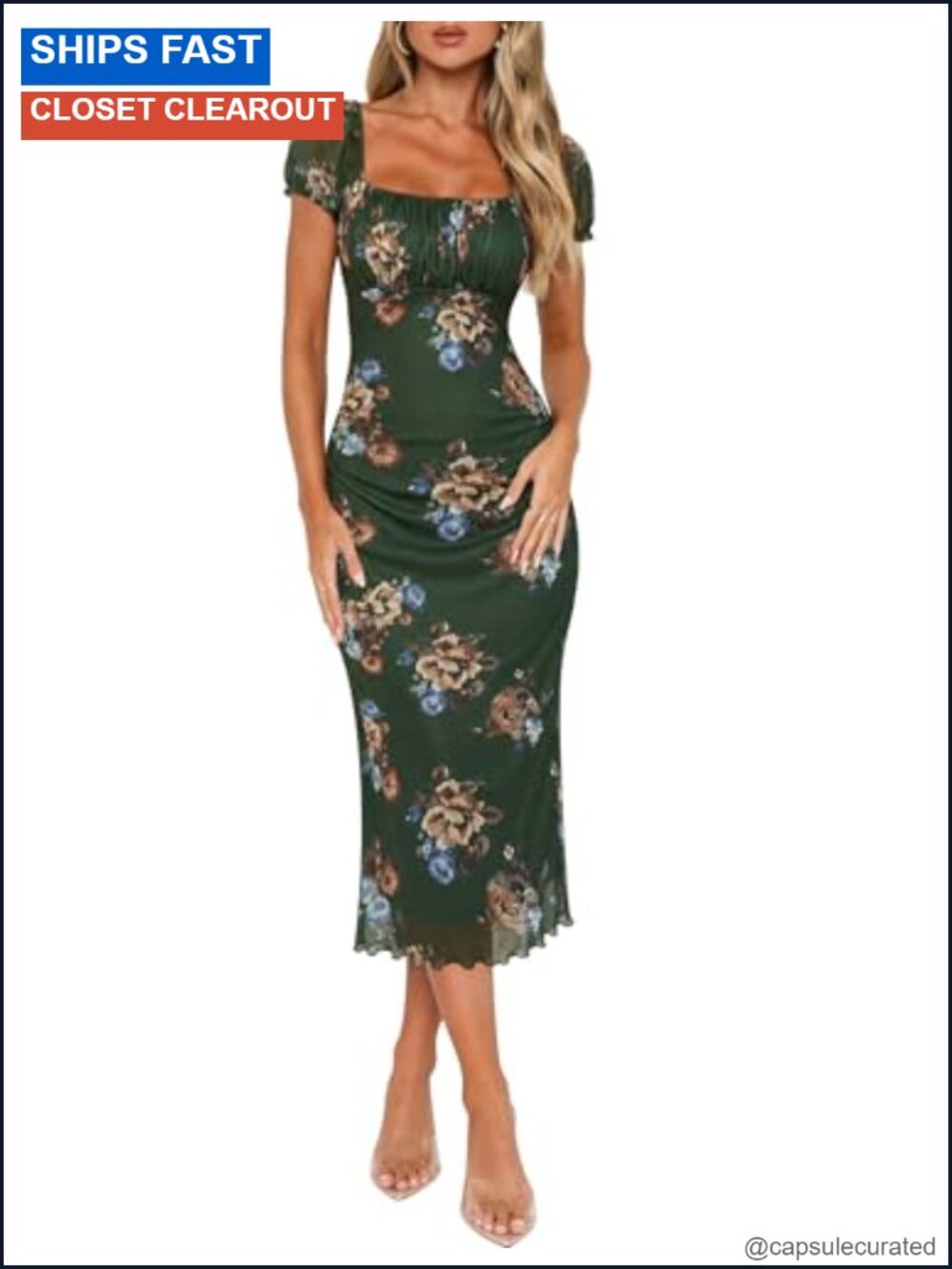 Floral Bodycon Midi Dress Ruched Mesh Square Neck Short Sleeve Cocktail